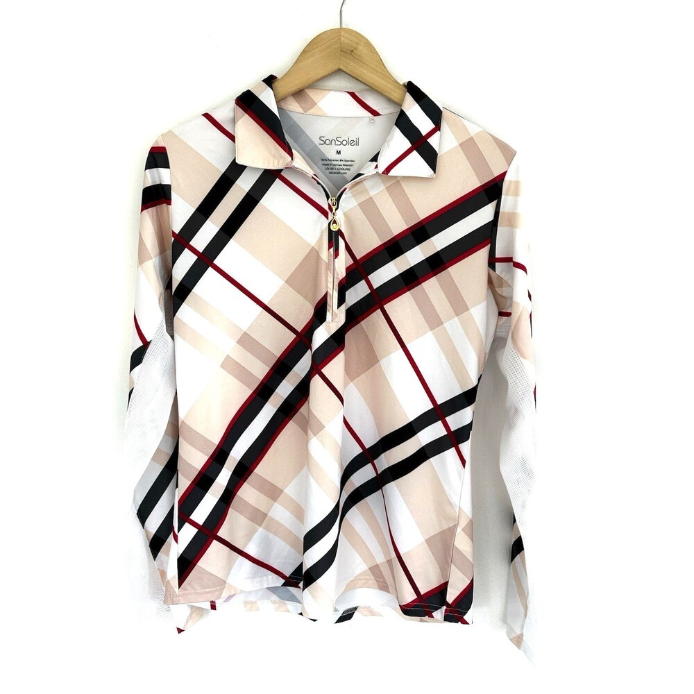 SanSoleil Quarter Zip Pullover Top Size Medium UV 50 Cooling Golf Tennis Plaid